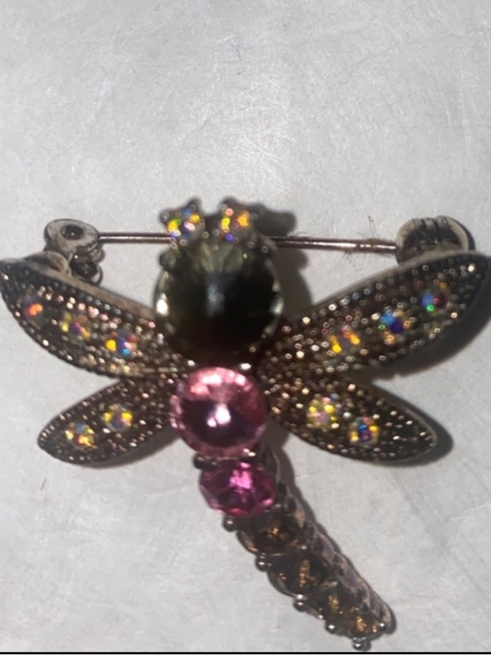 CHARTER CLUB Dragonfly Silvertone Gold Pink Rhinestone Brooch Pin $15